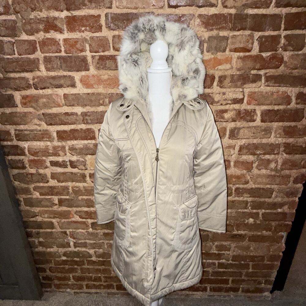 The Day Girls Women's Size Sm Rabbit Fur Lined Hooded Parka Champagne Color